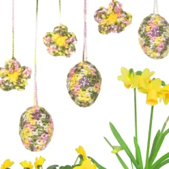Ostereier Set gehäkelt – 3 Ostereier & 3 Blüten in Pastellfarben zum Aufhängen – Handarbeit Osterdeko rosa weiß grün gelb
