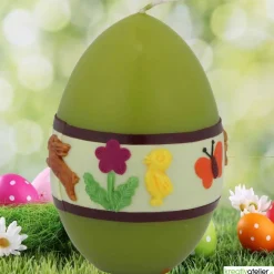 Ostereikerze in grün mit fröhlich-buntem Osterreigen verziert  Ostergeschenk Osterkerze Osterdeko