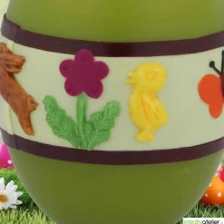 Ostereikerze in grün mit fröhlich-buntem Osterreigen verziert  Ostergeschenk Osterkerze Osterdeko