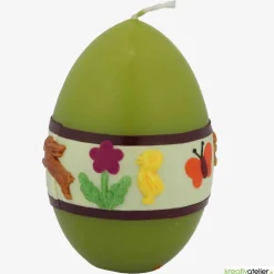 Ostereikerze in grün mit fröhlich-buntem Osterreigen verziert  Ostergeschenk Osterkerze Osterdeko