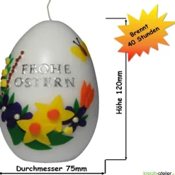 Ostereikerze mit Frühlingsstrauß und Schmetterling, "Frohe Ostern" Ostergeschenk Osterkerze Osterdeko