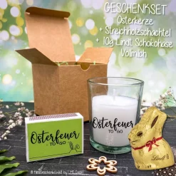 Osterfeuer to go Kerze mit Schriftzug wahlweise mit Lindt Schokohase - Ostergeschenk, Mitbringsel, Ostern, Gastgeschenk