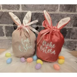 Oster-Geschenkbeutel Hase aus Nikkistoff – 10 x 20 cm – Frohe Ostern – personalisierbar