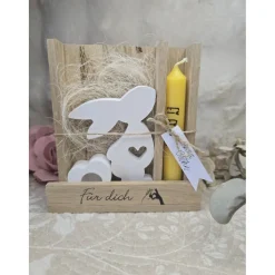 Ostergeschenk-Set „Für dich“ – Holzbox mit Raysin Hase & Herz-Kerzenhalter