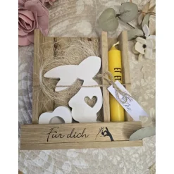 Ostergeschenk-Set „Für dich“ – Holzbox mit Raysin Hase & Herz-Kerzenhalter