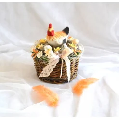 Ostergesteck Nr. 7, gelb-orange mit Huhn im braunen Korb