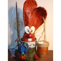 Osterhase ANGLERHASERL handgefertigte Künstler-Figur Osterdeko Geschenk für Angel-Fans Geldgeschenk