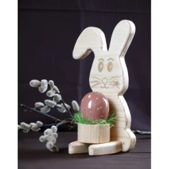 Osterhase aus Holz handgemacht – Rustikale Osterdeko, Unikat mit Ei & Puschel