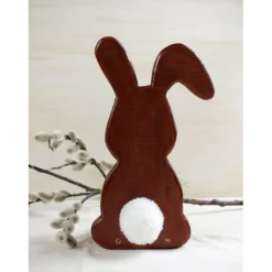 Osterhase aus Holz handgemacht – Rustikale Osterdeko, Unikat mit Ei & Puschel