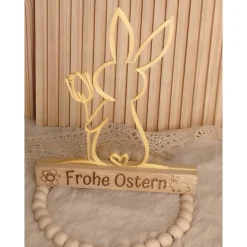 Osterhase 3D mit Holzständer und Aufschrift Frohe Ostern Ostergruß