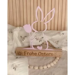 Osterhase 3D mit Holzständer und Aufschrift Frohe Ostern Ostergruß