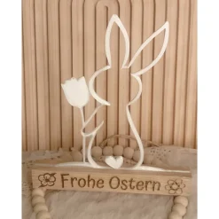 Osterhase 3D mit Holzständer und Aufschrift Frohe Ostern Ostergruß