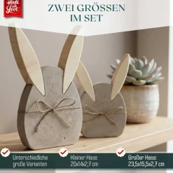 Osterhasen Deko 2er Set aus Beton und Holz, handgefertigte Osterdeko und Frühlingsdeko zum Hinstellen