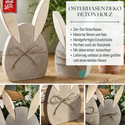Osterhasen Deko 2er Set aus Beton und Holz, handgefertigte Osterdeko und Frühlingsdeko zum Hinstellen