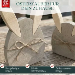 Osterhasen Deko 2er Set aus Beton und Holz, handgefertigte Osterdeko und Frühlingsdeko zum Hinstellen