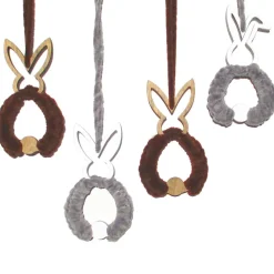 Osterhasen 4er Set zum Aufhängen – Handgemachte Osterdeko in Grau Braun aus Holz & Wolle