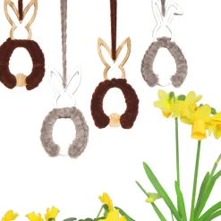 Osterhasen 4er Set zum Aufhängen – Handgemachte Osterdeko in Grau Braun aus Holz & Wolle