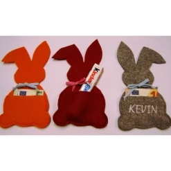 Osterhasen Filz mit Tasche personalisierbar mit Name Geldgeschenk Gutscheine-Verpackung orange dunkelrot graumeliert