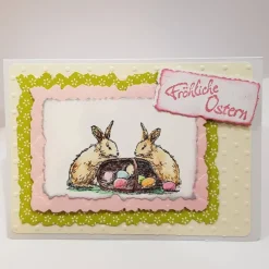 Osterhasen mit Ostereier-Körbchen Osterkarte handcoloriert Fröhliche Ostern pastell