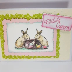 Osterhasen mit Ostereier-Körbchen Osterkarte handcoloriert Fröhliche Ostern pastell