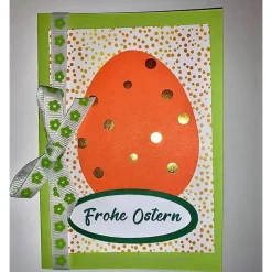 Osterkarte grün mit orangefarbenem Osterei, Schleife & Umschlag – frühlingshafte Faltkarte
