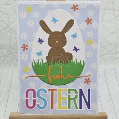 Osterkarte Hase im Ei bunt – Fröhliche Ostergrüße mit Blumen & Umschlag