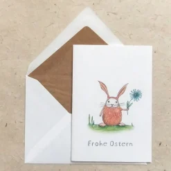 Osterkarte, Klappkarte DinA 6 mit Umschlag, kleiner Hase mit Blume und Frohe Ostern