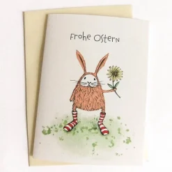 Osterkarte, Klappkarte DinA 6 mit Umschlag, Hase in Ringelsocken und Text: Frohe Ostern