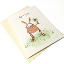 Osterkarte, Klappkarte DinA 6 mit Umschlag, Hase in Ringelsocken und Text: Frohe Ostern
