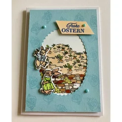 Osterkarte mit Hasen + Möhrenfeld Ostern 3D Grusskarte Handgefertigt  Bunt Töne Hochfromat A6