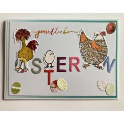Osterkarte mit Huhn+Henne bunte Ostereier Ostern 3D Grusskarte Handgefertigt DINA6 Querformat