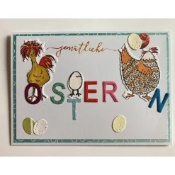 Osterkarte mit Huhn+Henne bunte Ostereier Ostern 3D Grusskarte Handgefertigt DINA6 Querformat