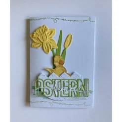 Osterkarte mit Küken +  Narzissen Ostern 3D Grusskarte Handgefertigt Hochformat DINA6 Gelb Grün