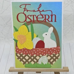 Osterkarte Osternest Narzisse mit Osterglocke und cremefarbenem Hase – handgefertigt