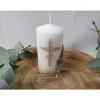Osterkerze - Geschenkkerze - Kerze Kreuz mit Roségold und Feder dekoriert
