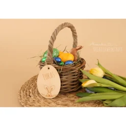 Osterkorb, Osterkörbchen, Osternest, personalisiert Geschenkidee, Korb mit Namensschild, Osterdeko, Holzanhänger