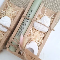 Ostern Geschenkset Ostergeschenk Dekoherz Kerzenhalter Herz Kerzenset Stabkerze Kerzenbox Holzbox Mitbringsel