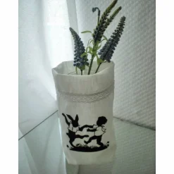 Ostern Lichtbeutel Geschenkbeutel Tischdeko Vasenhuse Hasentanz GESTICKT Leinen Scherenschnitt Spitze.