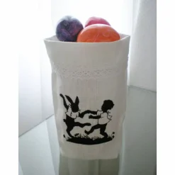 Ostern Lichtbeutel Geschenkbeutel Tischdeko Vasenhuse Hasentanz GESTICKT Leinen Scherenschnitt Spitze.