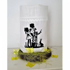 Ostern Lichtbeutel Vasenhusse Utensilo Kinder am Gartenzaun GESTICKT Leinen Scherenschnitt Spitze.