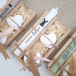 Ostern Ostergeschenk Geschenkset Kerze Kerzenset Dekoherz Kerzenhalter rund Stabkerze Schriftzug Frohe Ostern Osterfest