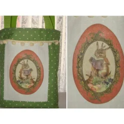 Ostertasche aus Stoff mit Bügelbild Hasen lesen Ostergeschichte grün weiß bunt