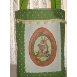 Ostertasche aus Stoff mit Bügelbild Hasen lesen Ostergeschichte grün weiß bunt