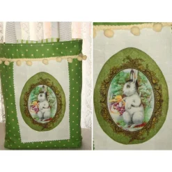 Ostertasche grün weiß aus Stoff mit Bügelbild weißer Hase