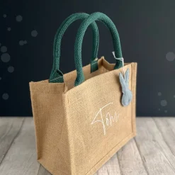 Ostertasche mit Namen | aus Jute mit Hasen-Anhänger | grün