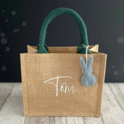 Ostertasche mit Namen | aus Jute mit Hasen-Anhänger | grün