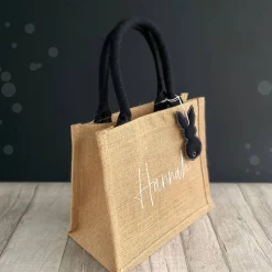 Ostertasche mit Namen | aus Jute mit Hasen-Anhänger | schwarz