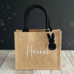 Ostertasche mit Namen | aus Jute mit Hasen-Anhänger | schwarz
