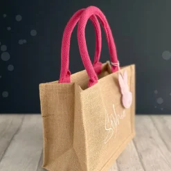 Ostertasche mit Namen | aus Jute mit Hasen-Anhänger | pink