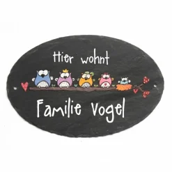 Ovales Türschild aus Schiefer mit Eulen handgemalt, Haustürschild mit Name personalisiert, Schieferschild für die Haustür, Namensschild für den Hauseingang, individuelles Familiengeschenk